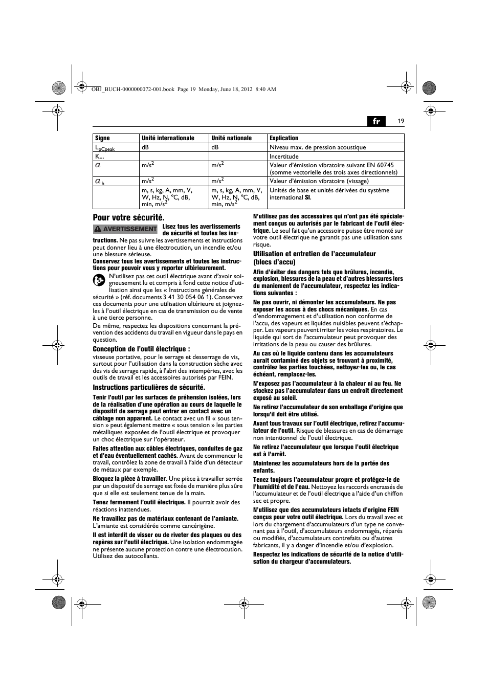 Fr pour votre sécurité | Fein ASCT18M User Manual | Page 19 / 118