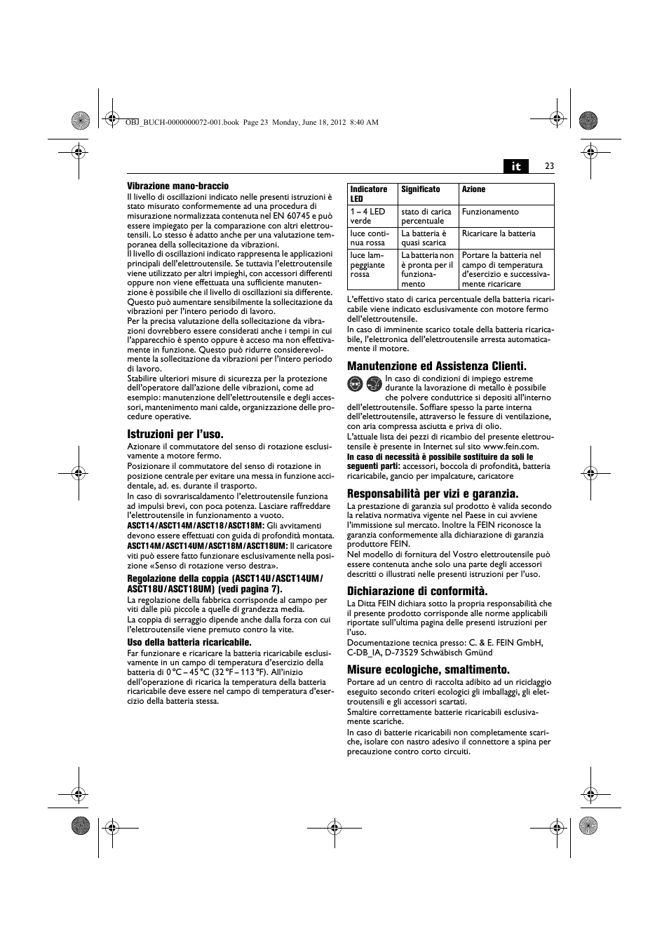 Istruzioni per l’uso, Manutenzione ed assistenza clienti, Responsabilità per vizi e garanzia | Dichiarazione di conformità, Misure ecologiche, smaltimento | Fein ASCT18M User Manual | Page 23 / 118
