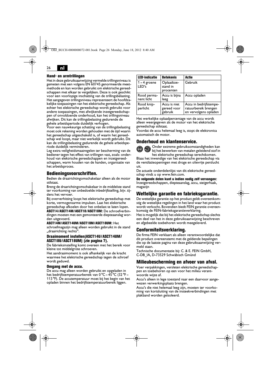 Bedieningsvoorschriften, Onderhoud en klantenservice, Wettelijke garantie en fabrieksgarantie | Conformiteitsverklaring, Milieubescherming en afvoer van afval | Fein ASCT18M User Manual | Page 26 / 118