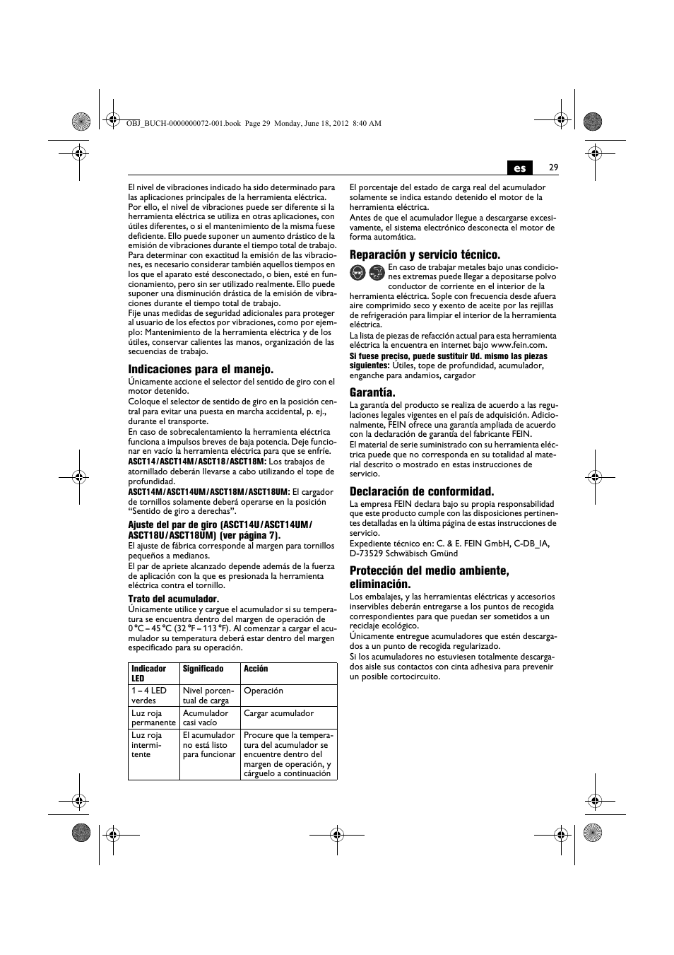 Indicaciones para el manejo, Reparación y servicio técnico, Garantía | Declaración de conformidad, Protección del medio ambiente, eliminación | Fein ASCT18M User Manual | Page 29 / 118