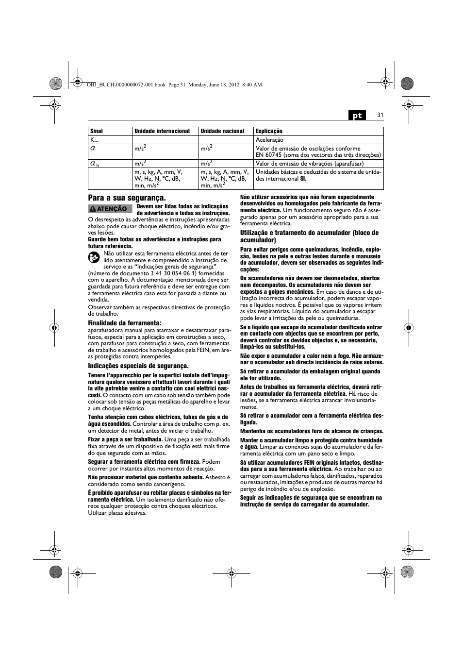 Pt para a sua segurança | Fein ASCT18M User Manual | Page 31 / 118