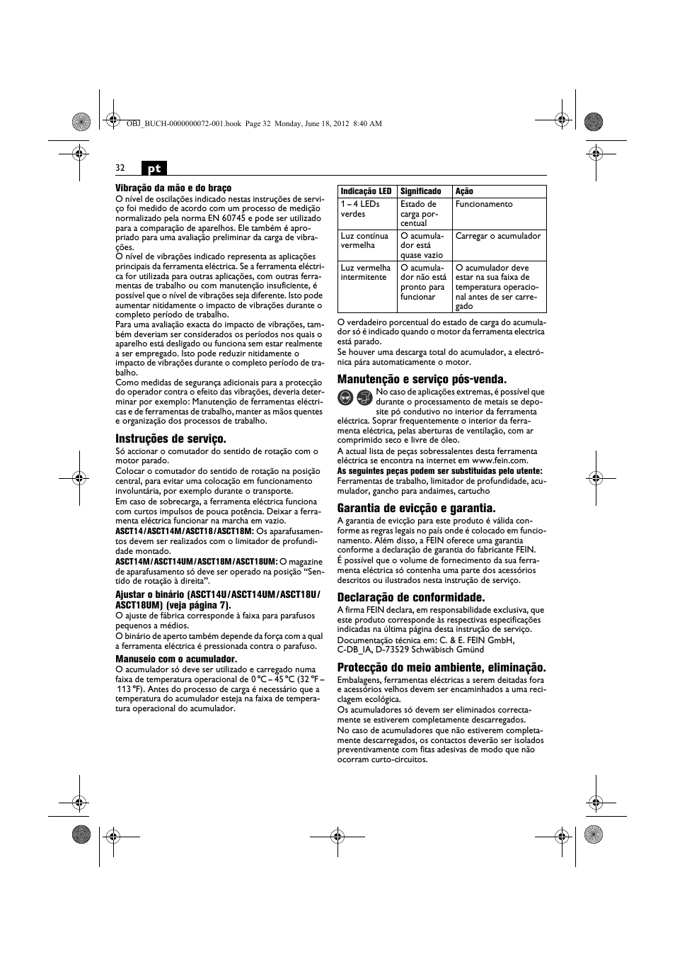 Instruções de serviço, Manutenção e serviço pós-venda, Garantia de evicção e garantia | Declaração de conformidade, Protecção do meio ambiente, eliminação | Fein ASCT18M User Manual | Page 32 / 118