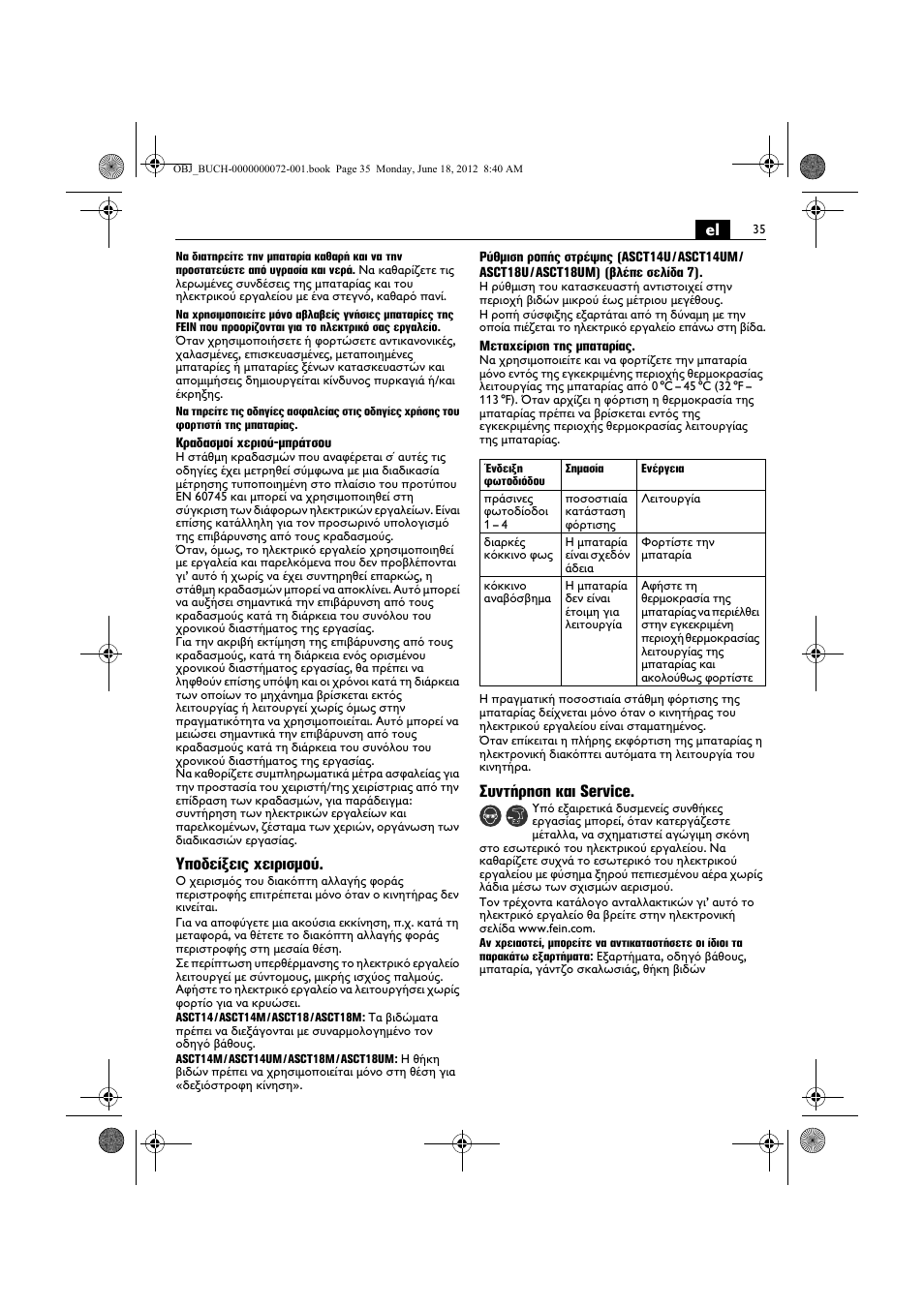 Υποδείξεις χειρισμού, Συντήρηση και service | Fein ASCT18M User Manual | Page 35 / 118