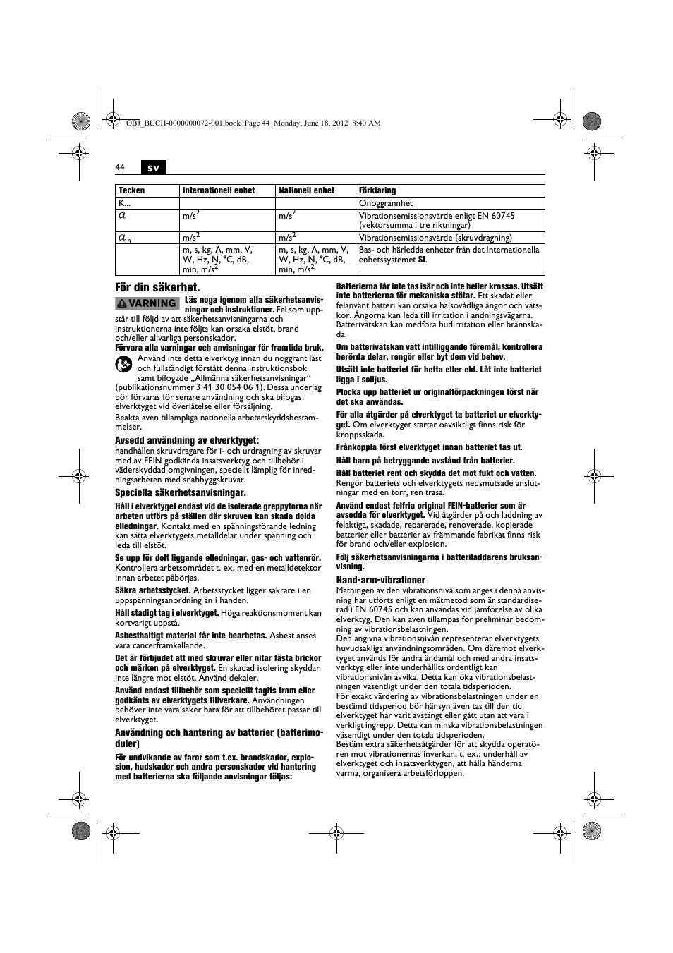 Sv för din säkerhet | Fein ASCT18M User Manual | Page 44 / 118