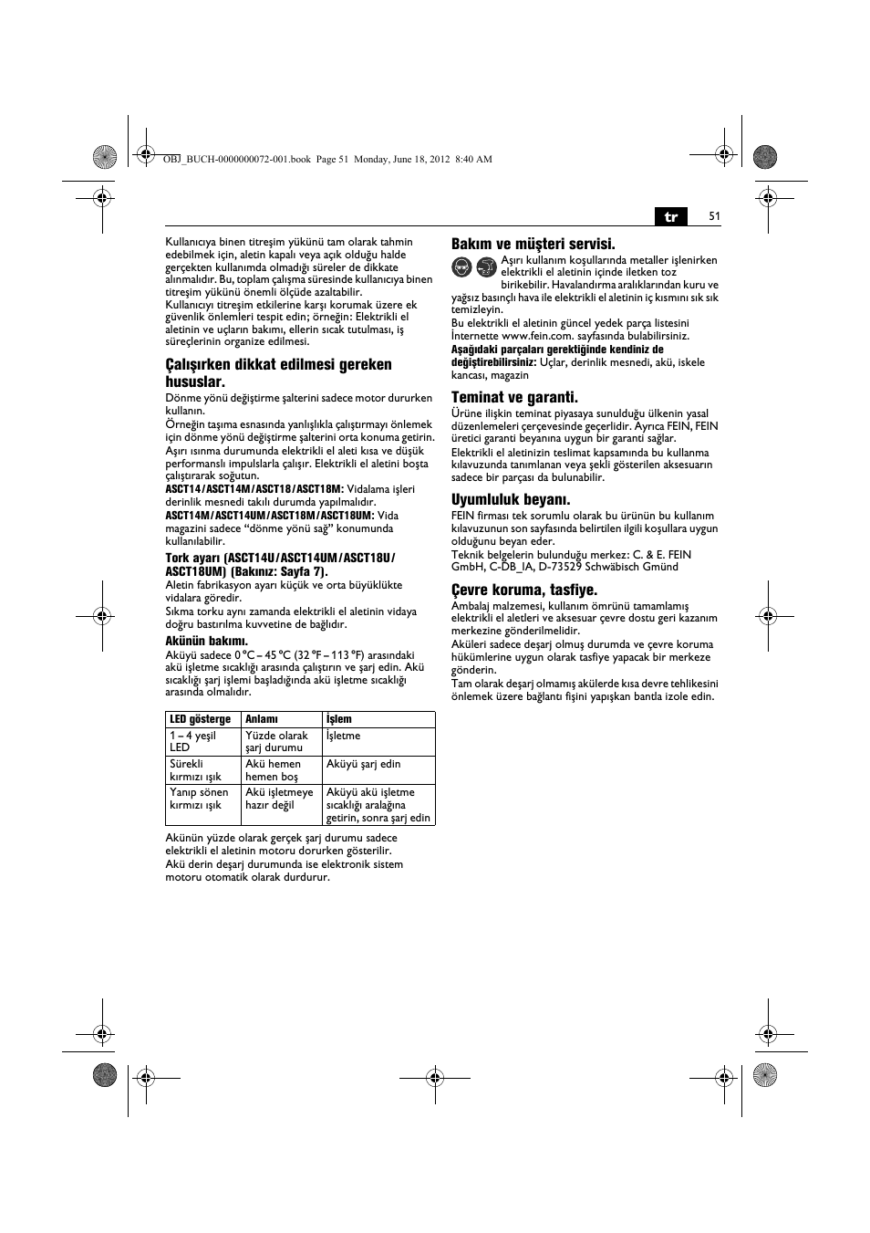 Çalışırken dikkat edilmesi gereken hususlar, Bakım ve müşteri servisi, Teminat ve garanti | Uyumluluk beyanı, Çevre koruma, tasfiye | Fein ASCT18M User Manual | Page 51 / 118