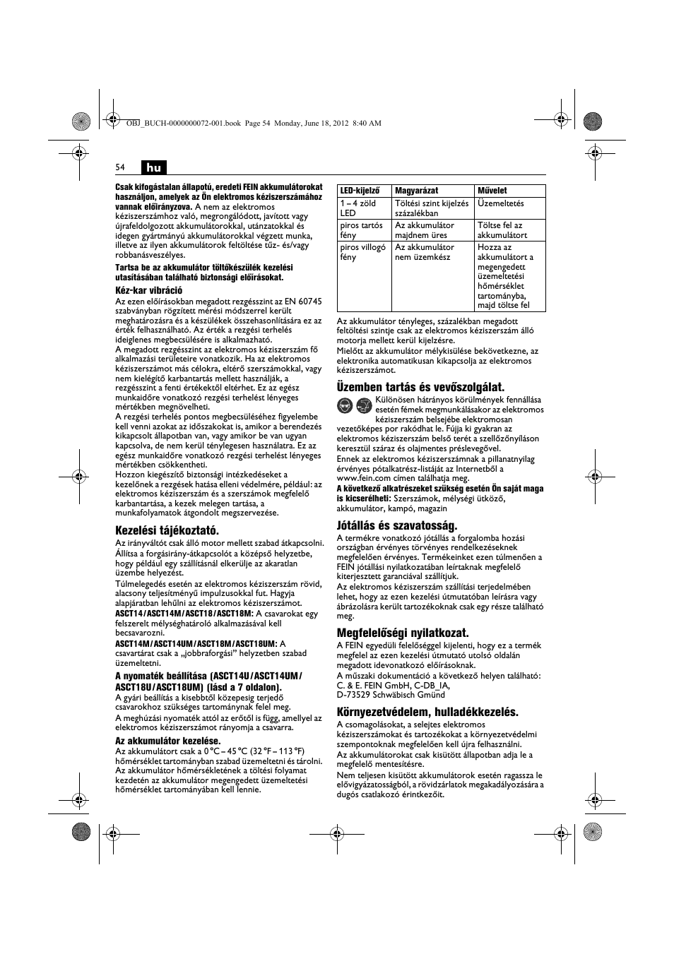 Kezelési tájékoztató, Üzemben tartás és vevőszolgálat, Jótállás és szavatosság | Megfelelőségi nyilatkozat, Környezetvédelem, hulladékkezelés | Fein ASCT18M User Manual | Page 54 / 118