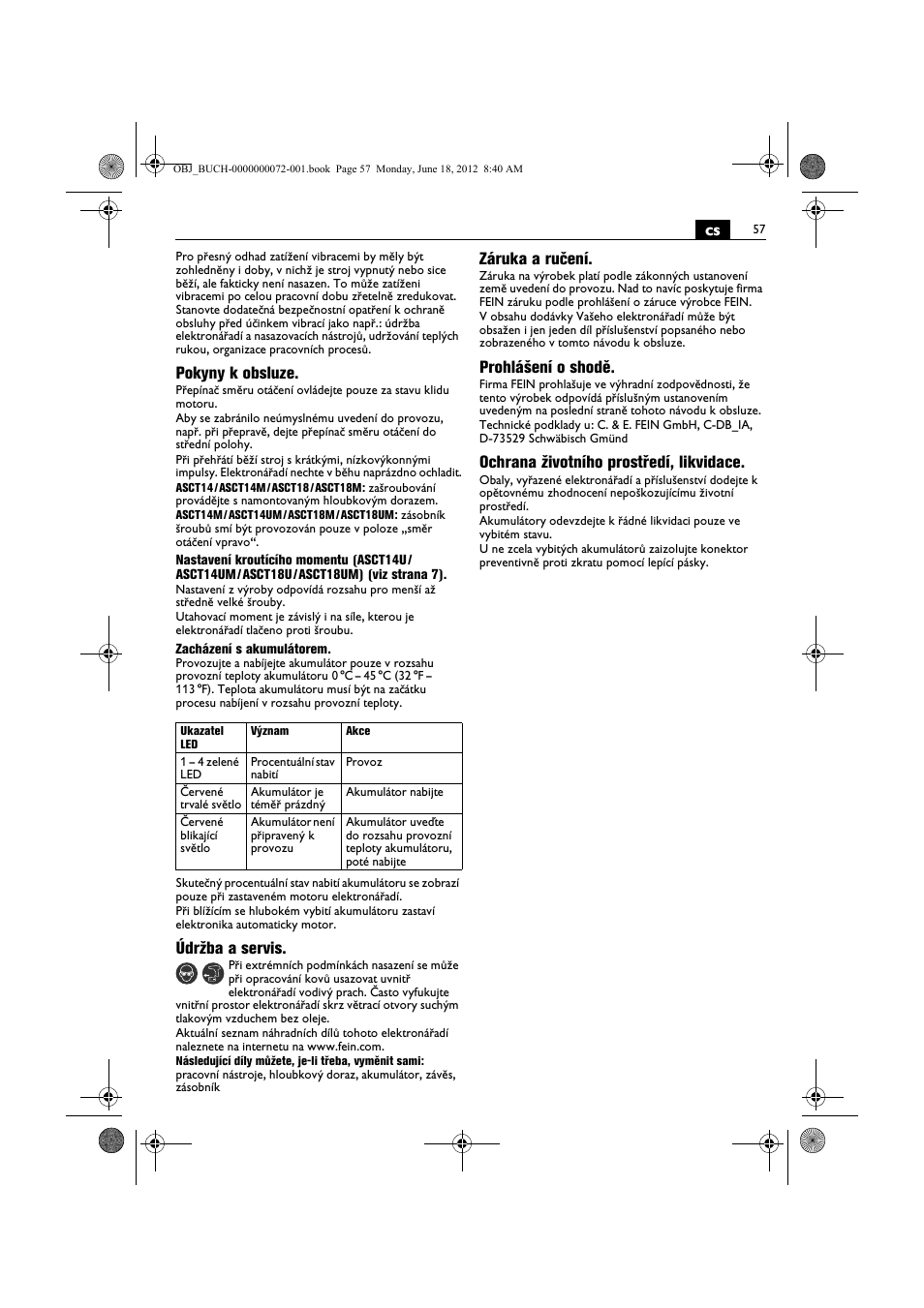 Pokyny k obsluze, Údržba a servis, Záruka a ručení | Prohlášení o shodě, Ochrana životního prostředí, likvidace | Fein ASCT18M User Manual | Page 57 / 118