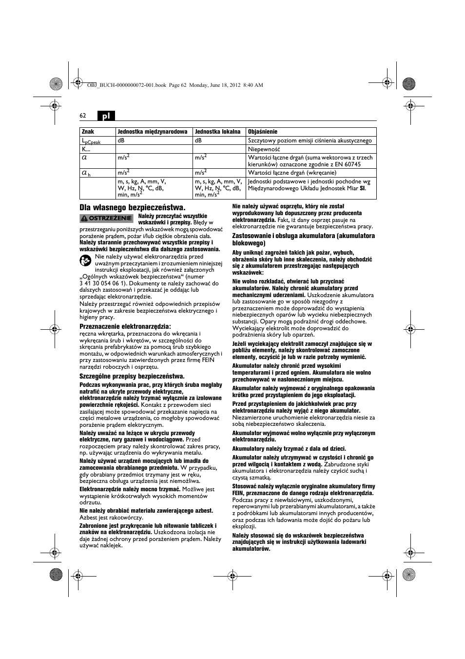 Pl dla własnego bezpieczeństwa | Fein ASCT18M User Manual | Page 62 / 118
