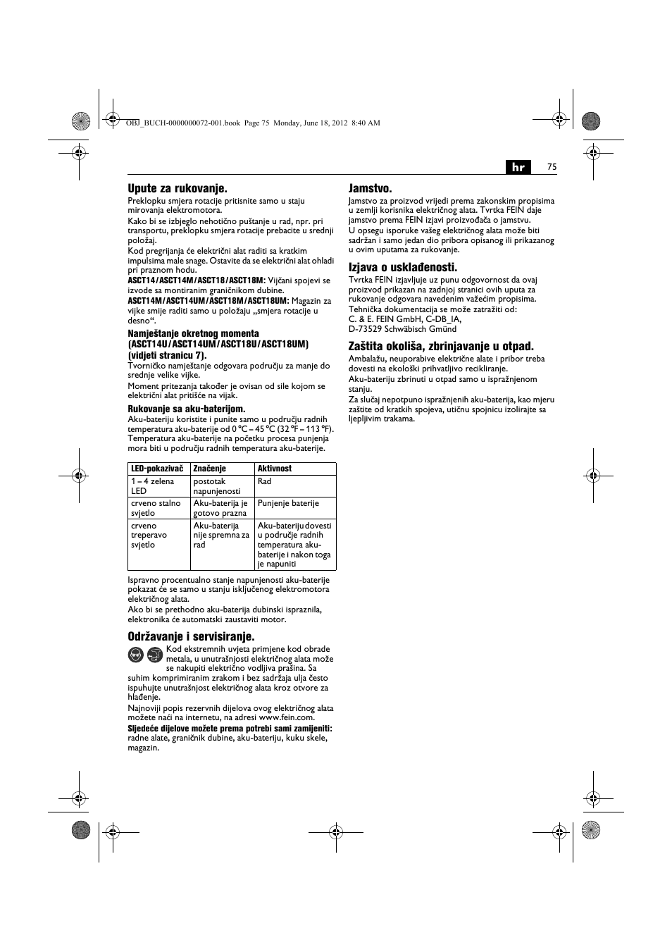 Hr upute za rukovanje, Održavanje i servisiranje, Jamstvo | Izjava o usklađenosti, Zaštita okoliša, zbrinjavanje u otpad | Fein ASCT18M User Manual | Page 75 / 118