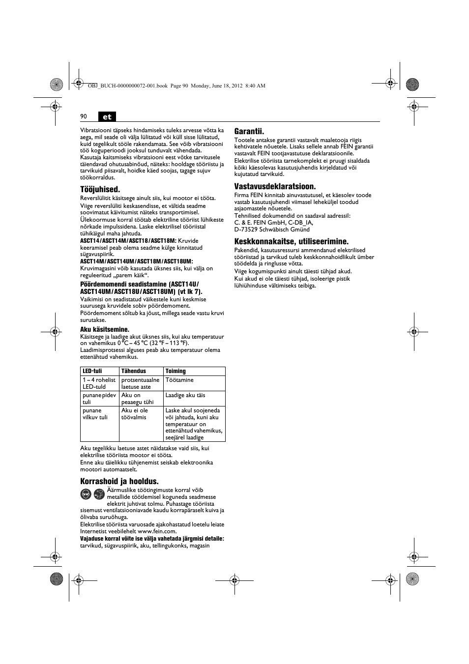 Tööjuhised, Korrashoid ja hooldus, Garantii | Vastavusdeklaratsioon, Keskkonnakaitse, utiliseerimine | Fein ASCT18M User Manual | Page 90 / 118