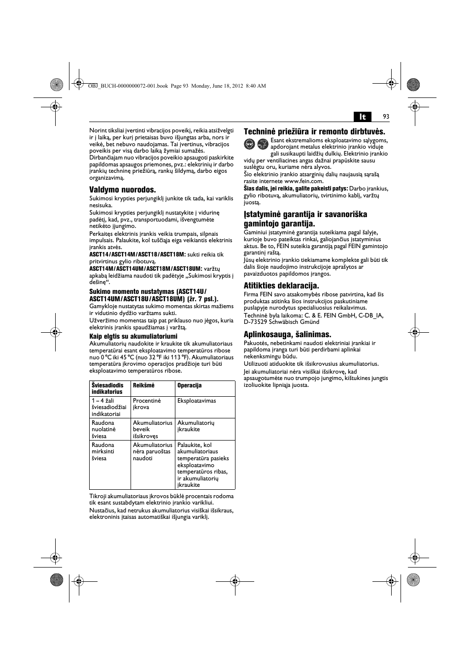 Valdymo nuorodos, Techninė priežiūra ir remonto dirbtuvės, Atitikties deklaracija | Aplinkosauga, šalinimas | Fein ASCT18M User Manual | Page 93 / 118