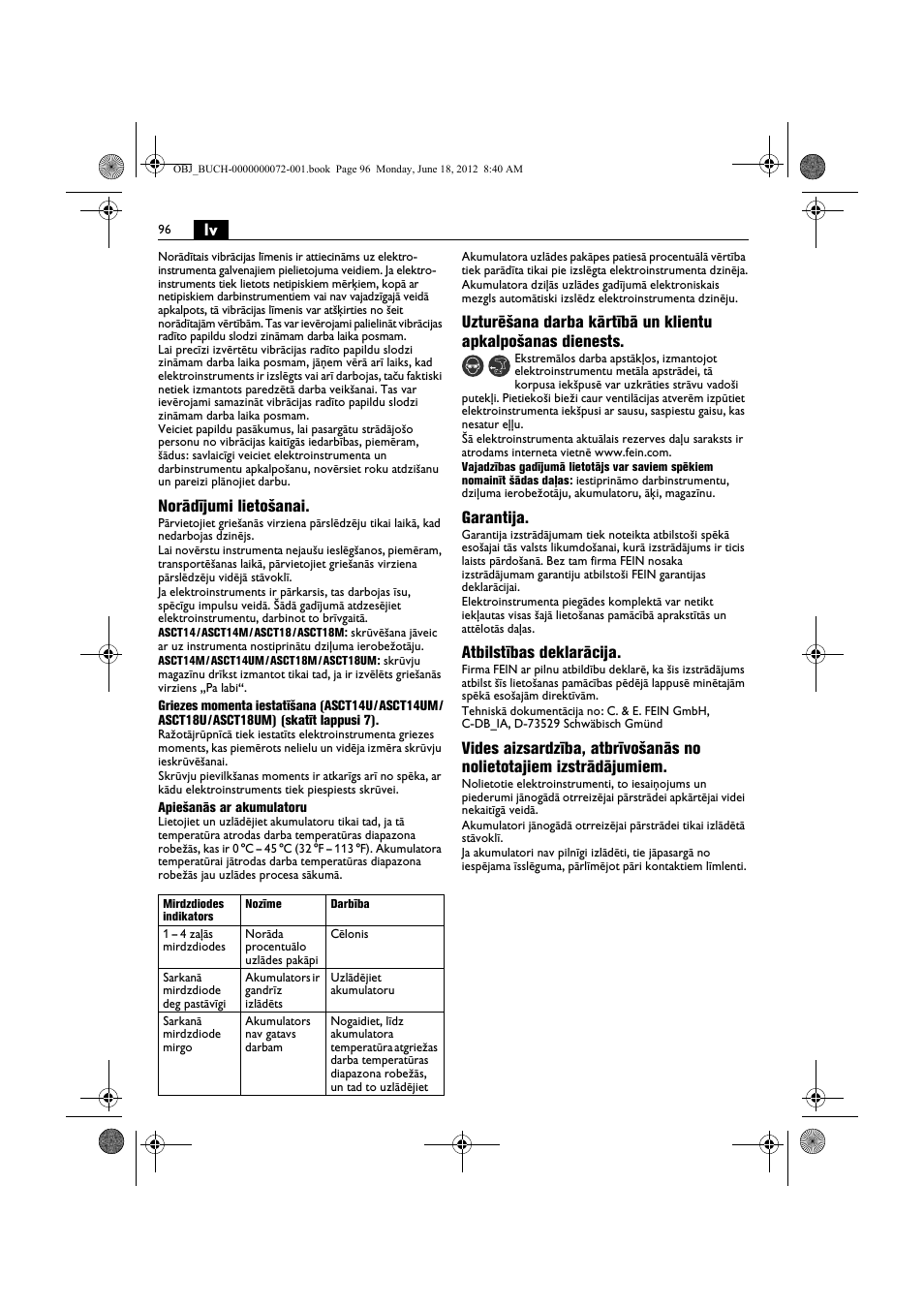 Norādījumi lietošanai, Garantija, Atbilstības deklarācija | Fein ASCT18M User Manual | Page 96 / 118