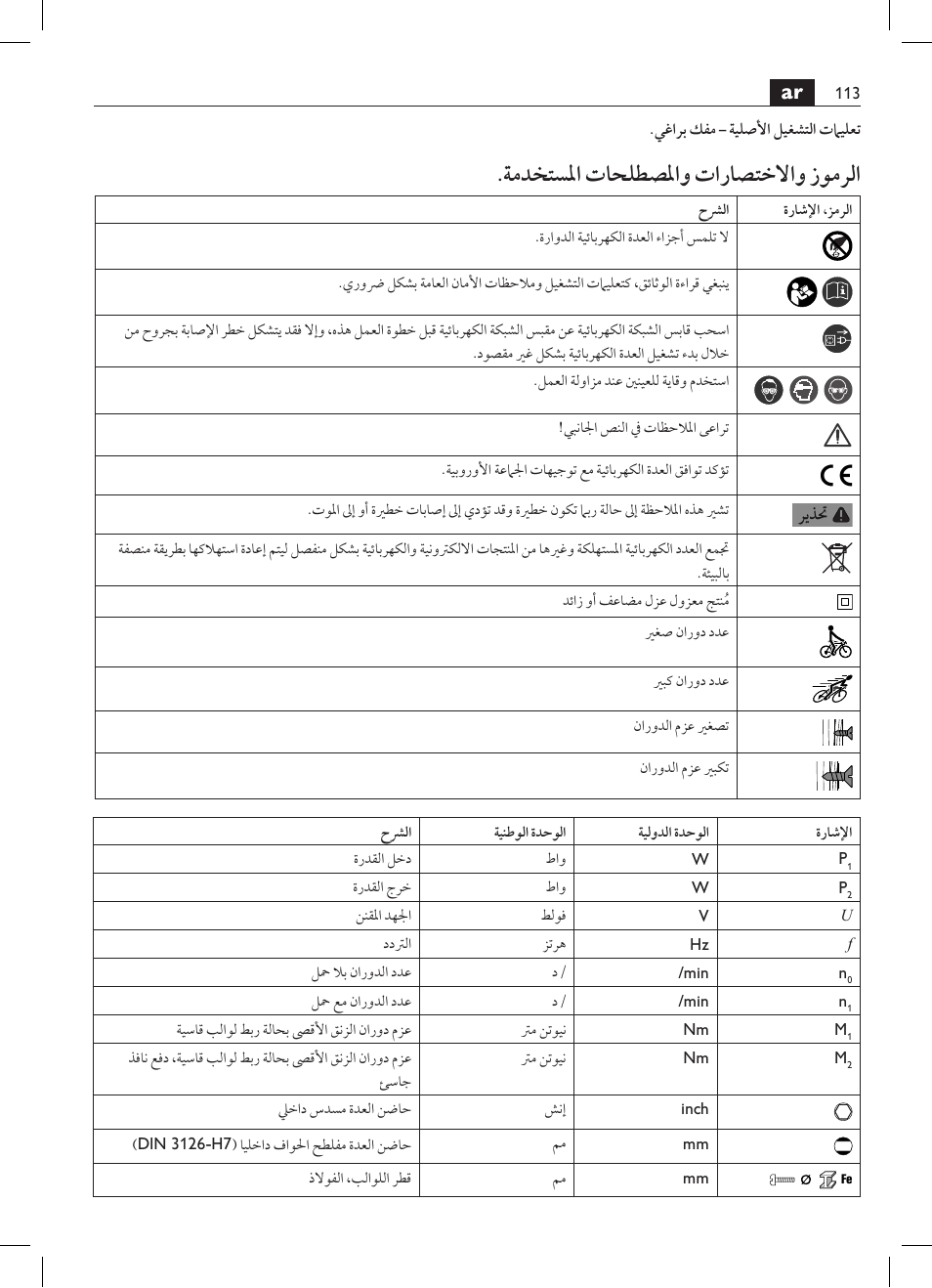 ةمدختسلما تاحلطصلماو تاراصتخلااو زومرلا | Fein SCU7-9 User Manual | Page 113 / 113