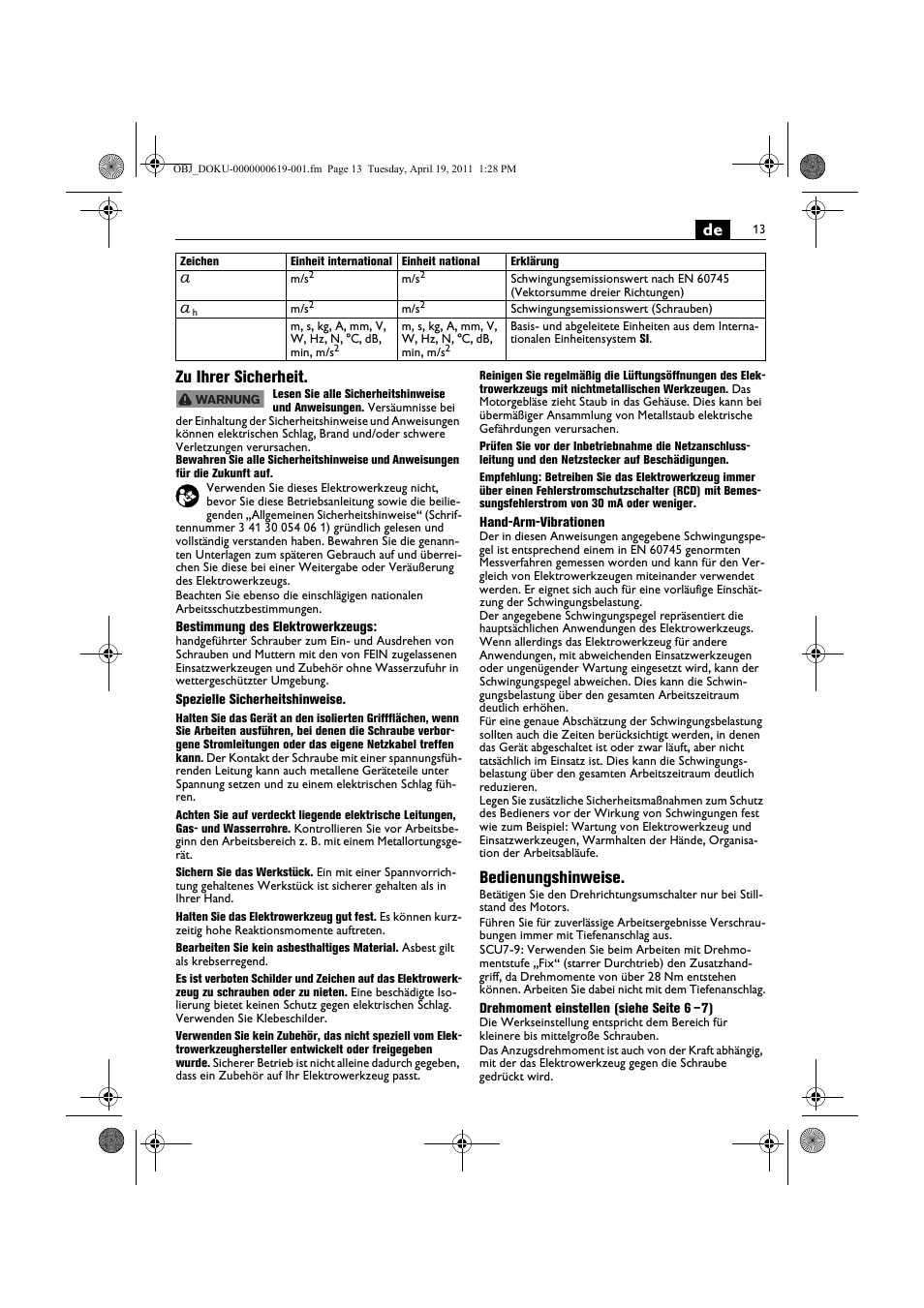 De zu ihrer sicherheit, Bedienungshinweise | Fein SCU7-9 User Manual | Page 13 / 113