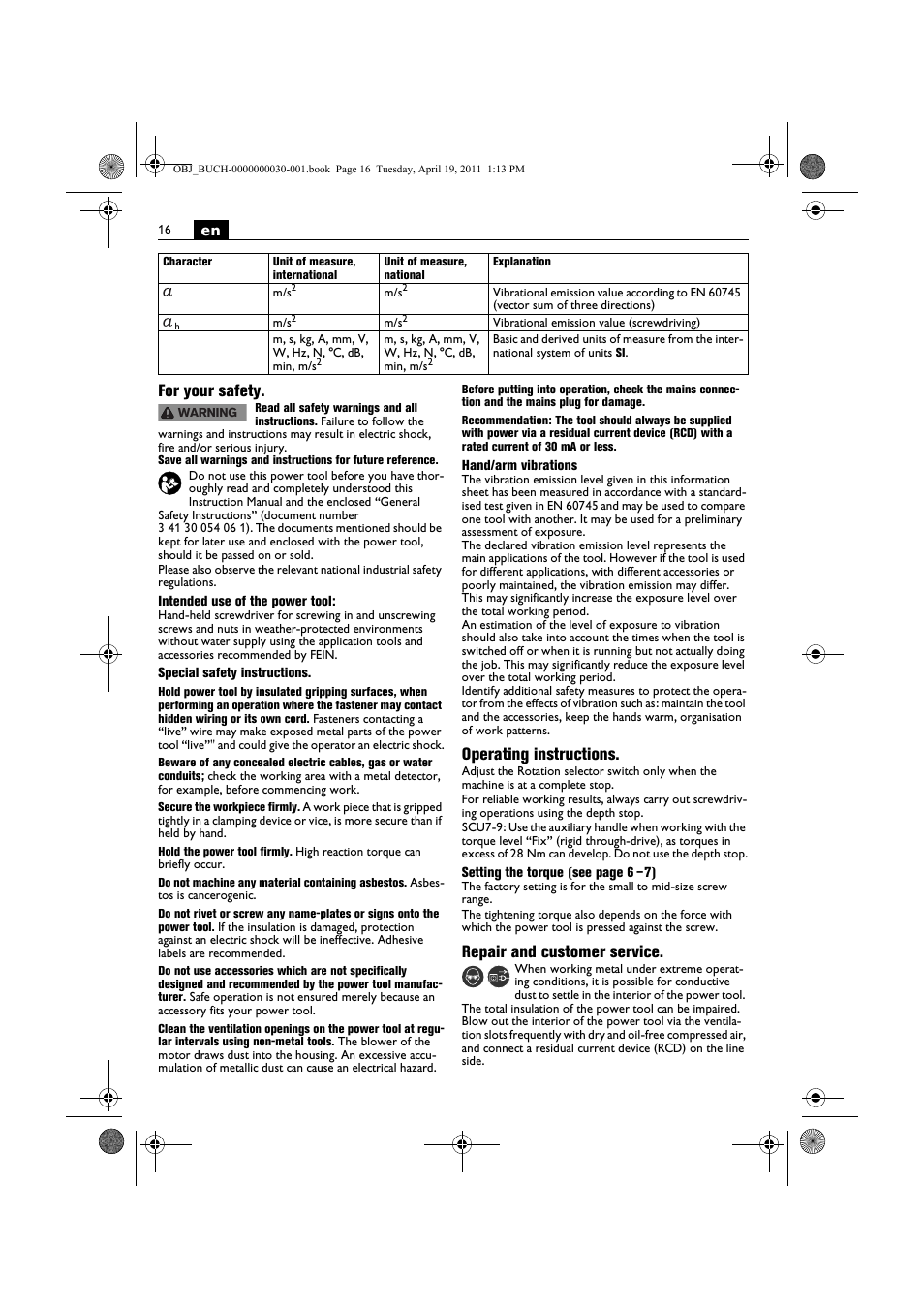 En for your safety, Operating instructions, Repair and customer service | Fein SCU7-9 User Manual | Page 16 / 113
