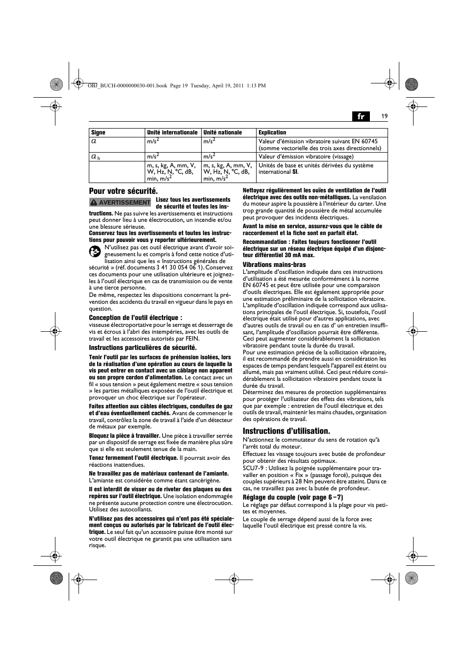 Fr pour votre sécurité, Instructions d’utilisation | Fein SCU7-9 User Manual | Page 19 / 113