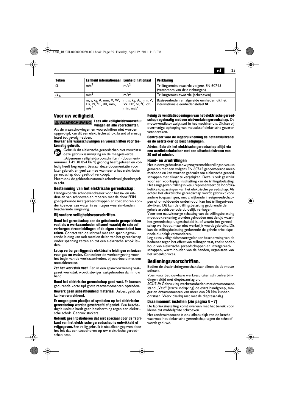 Nl voor uw veiligheid, Bedieningsvoorschriften | Fein SCU7-9 User Manual | Page 25 / 113