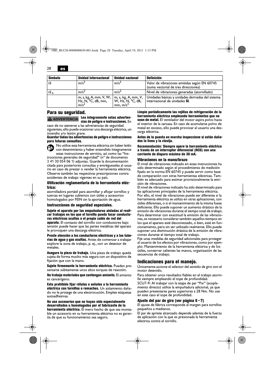 Es para su seguridad, Indicaciones para el manejo | Fein SCU7-9 User Manual | Page 28 / 113