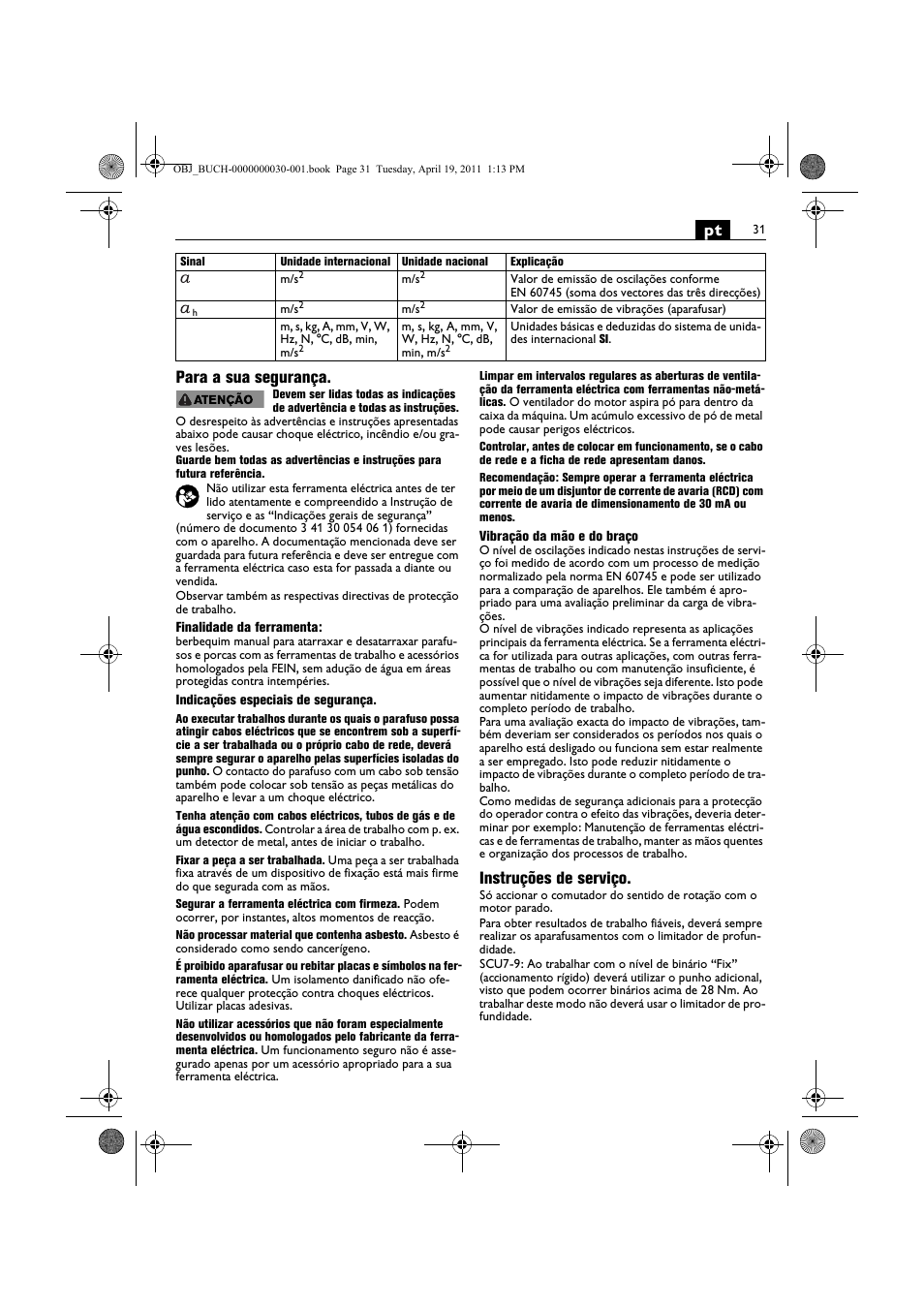Pt para a sua segurança, Instruções de serviço | Fein SCU7-9 User Manual | Page 31 / 113