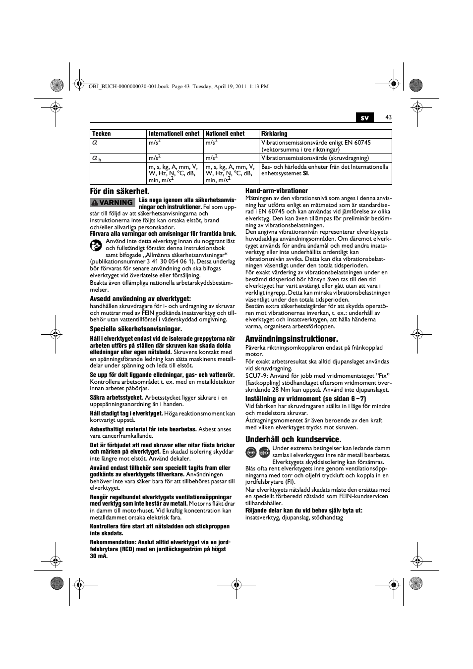 Sv för din säkerhet, Användningsinstruktioner, Underhåll och kundservice | Fein SCU7-9 User Manual | Page 43 / 113
