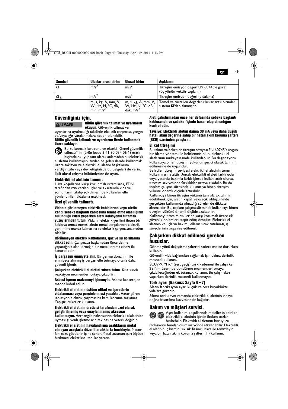 Tr güvenliğiniz için, Çalışırken dikkat edilmesi gereken hususlar, Bakım ve müşteri servisi | Fein SCU7-9 User Manual | Page 49 / 113