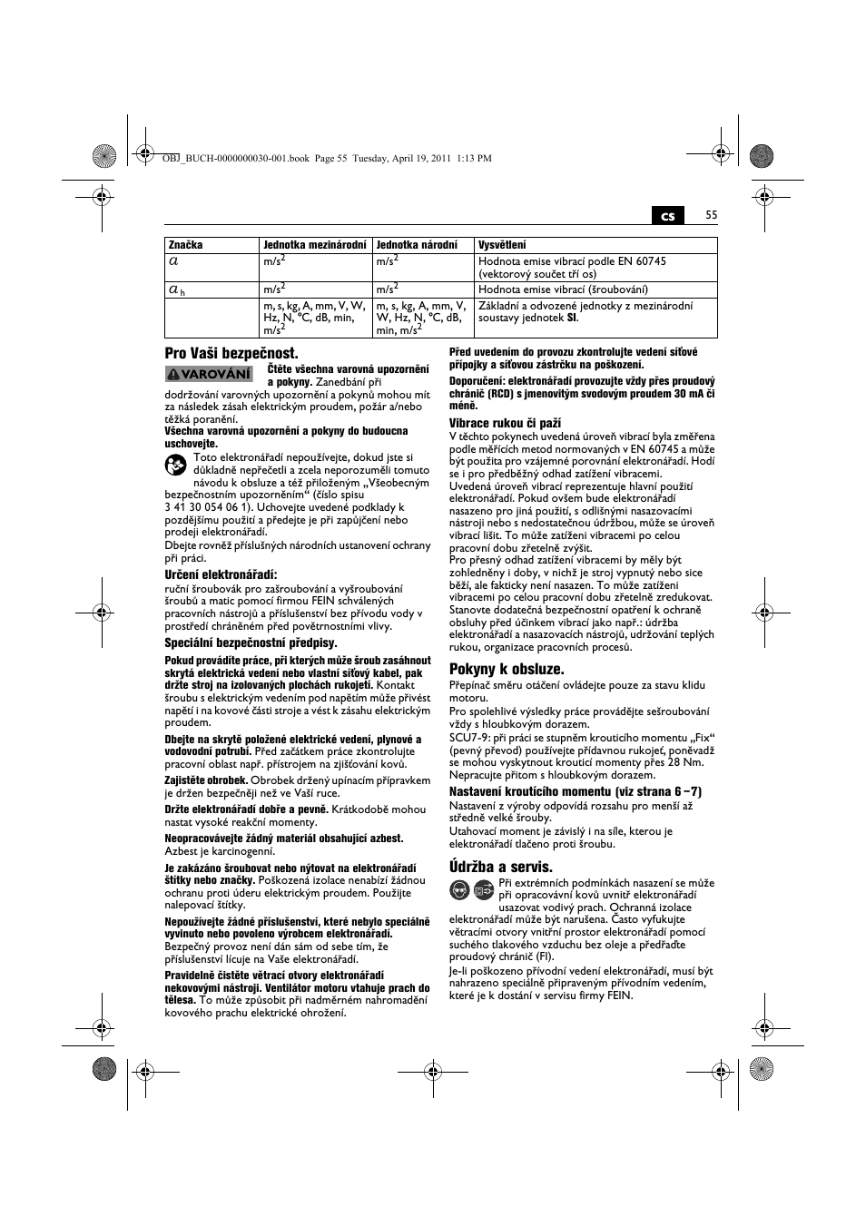 Cs pro vaši bezpečnost, Pokyny k obsluze, Údržba a servis | Fein SCU7-9 User Manual | Page 55 / 113