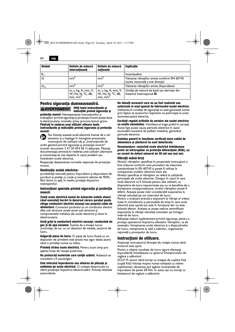 Ro pentru siguranţa dumneavoastră, Instrucţiuni de utilizare | Fein SCU7-9 User Manual | Page 64 / 113