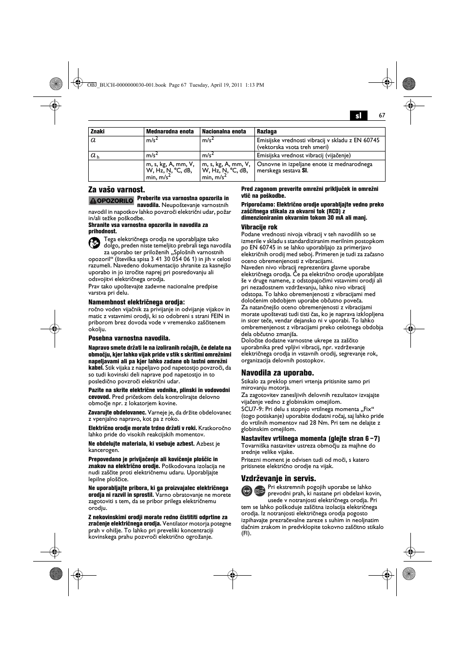 Sl za vašo varnost, Navodila za uporabo, Vzdrževanje in servis | Fein SCU7-9 User Manual | Page 67 / 113