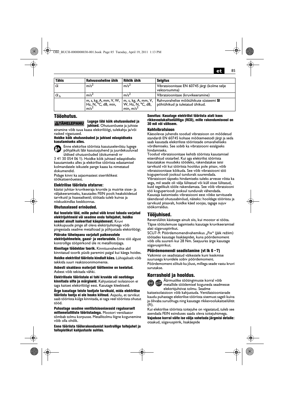 Et tööohutus, Tööjuhised, Korrashoid ja hooldus | Fein SCU7-9 User Manual | Page 85 / 113