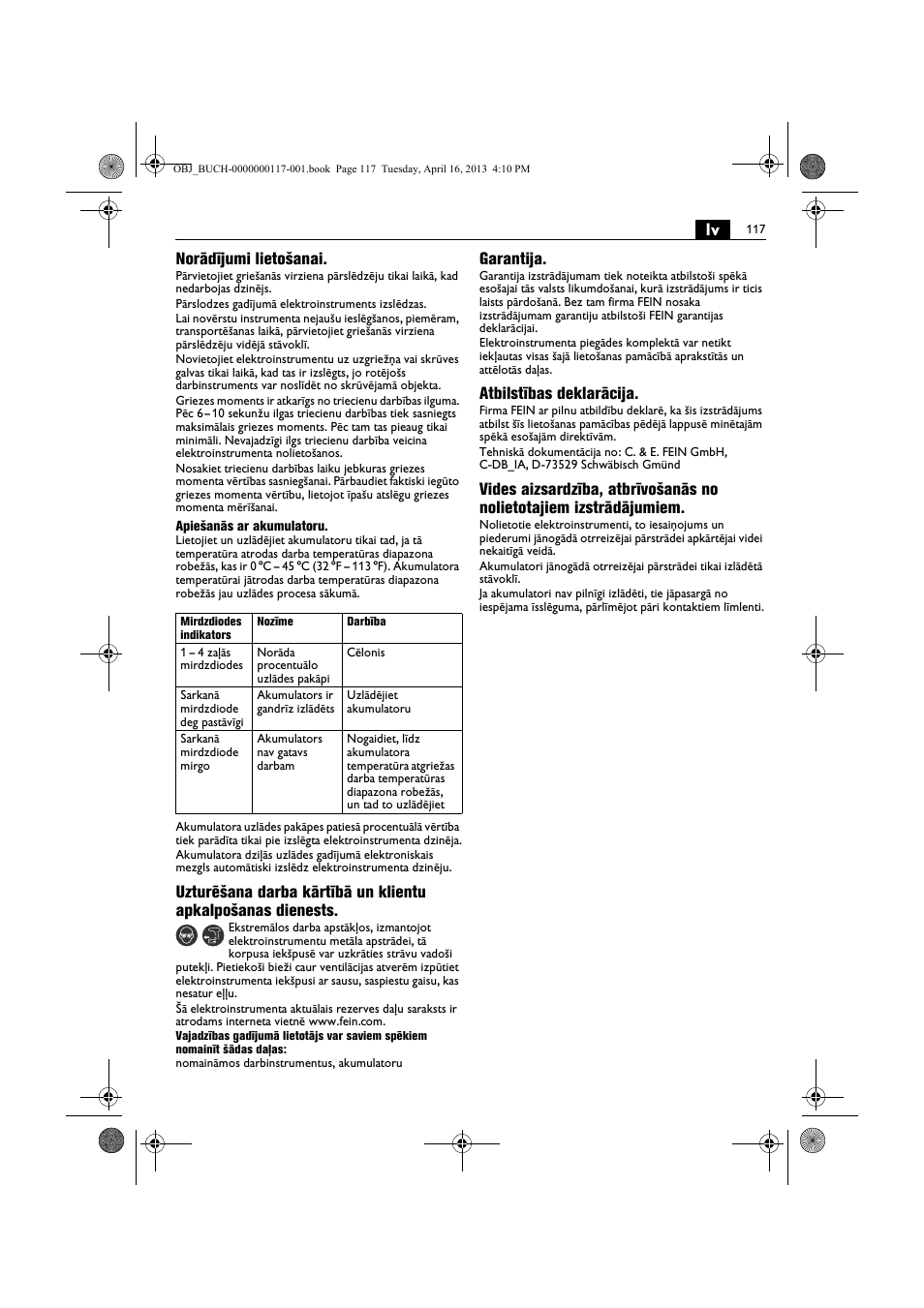 Lv norādījumi lietošanai, Garantija, Atbilstības deklarācija | Fein ASCD 18 W4C User Manual | Page 117 / 144