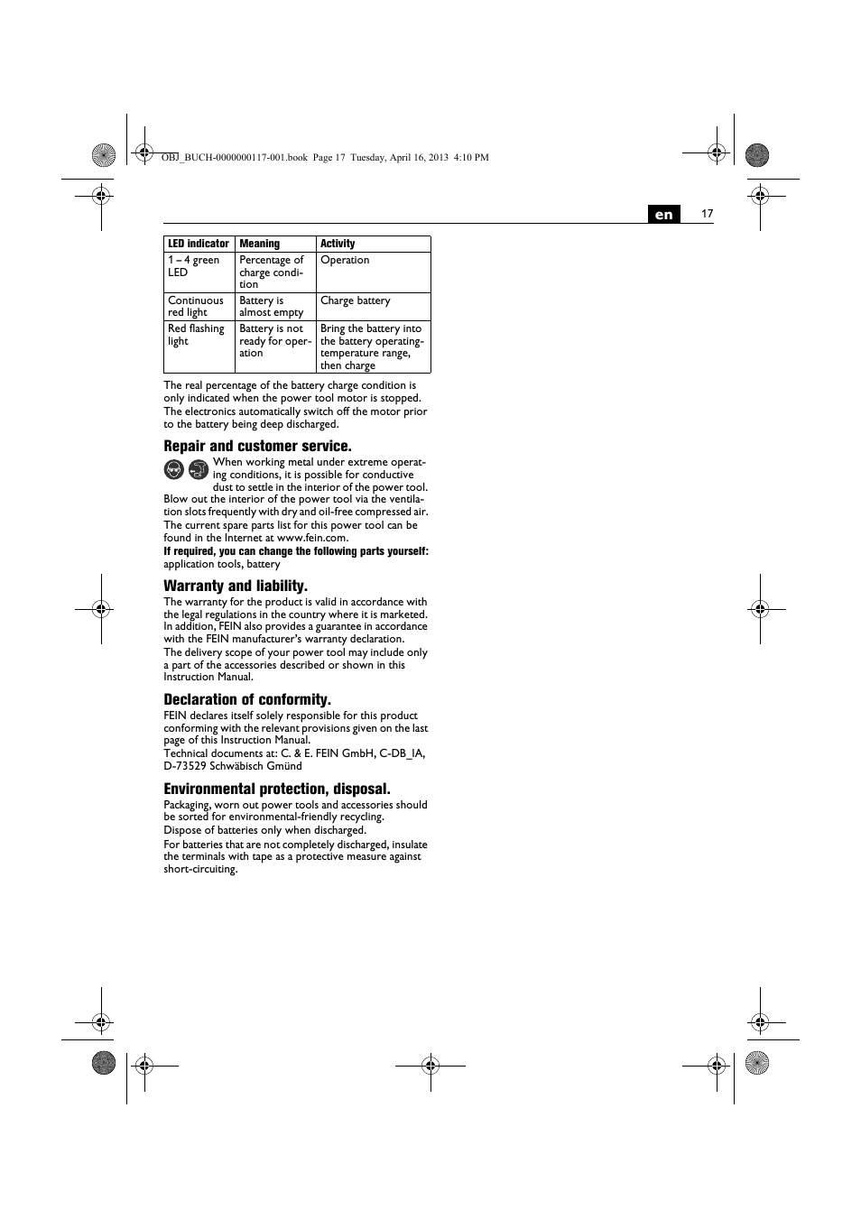 Repair and customer service, Warranty and liability, Declaration of conformity | Environmental protection, disposal | Fein ASCD 18 W4C User Manual | Page 17 / 144