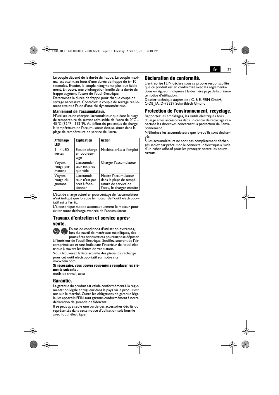 Travaux d’entretien et service après- vente, Garantie, Déclaration de conformité | Protection de l’environnement, recyclage | Fein ASCD 18 W4C User Manual | Page 21 / 144