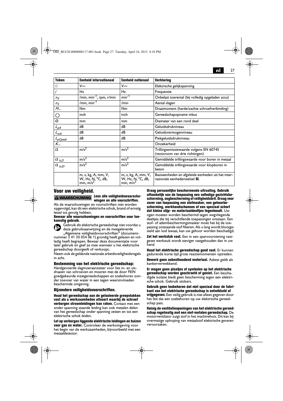 Nl voor uw veiligheid | Fein ASCD 18 W4C User Manual | Page 27 / 144