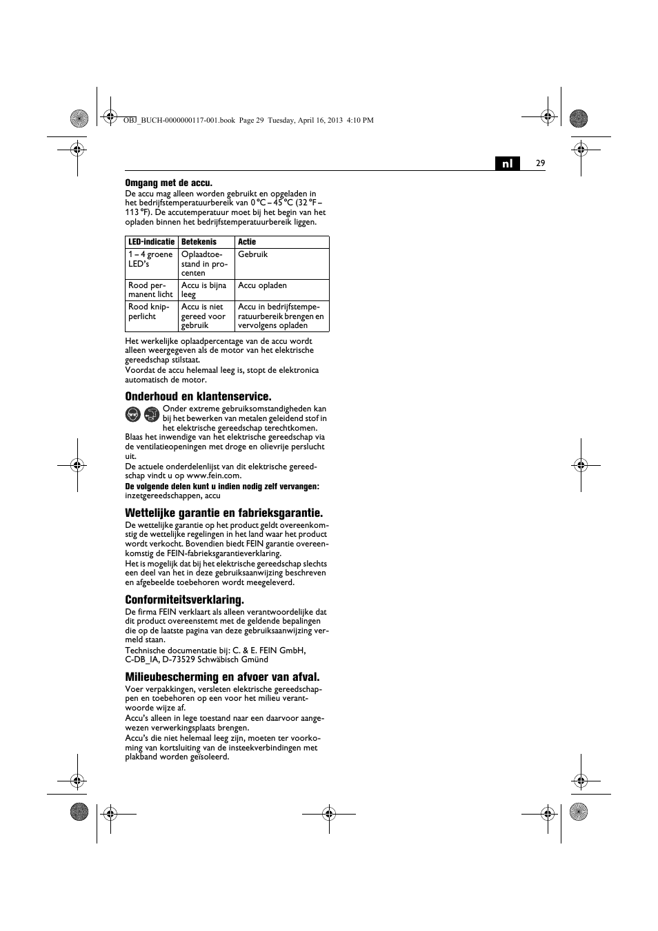 Onderhoud en klantenservice, Wettelijke garantie en fabrieksgarantie, Conformiteitsverklaring | Milieubescherming en afvoer van afval | Fein ASCD 18 W4C User Manual | Page 29 / 144