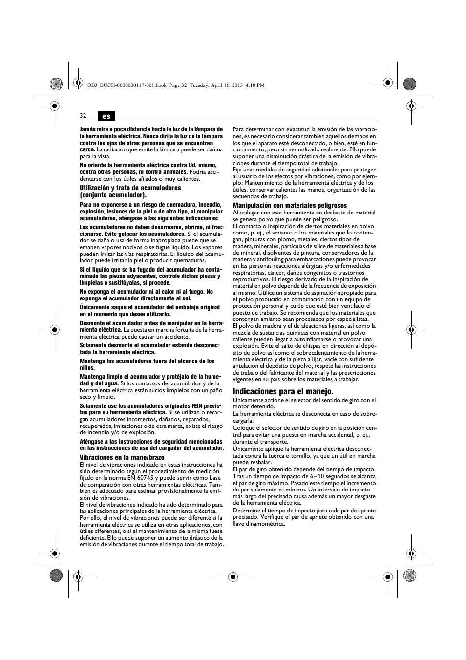 Indicaciones para el manejo | Fein ASCD 18 W4C User Manual | Page 32 / 144