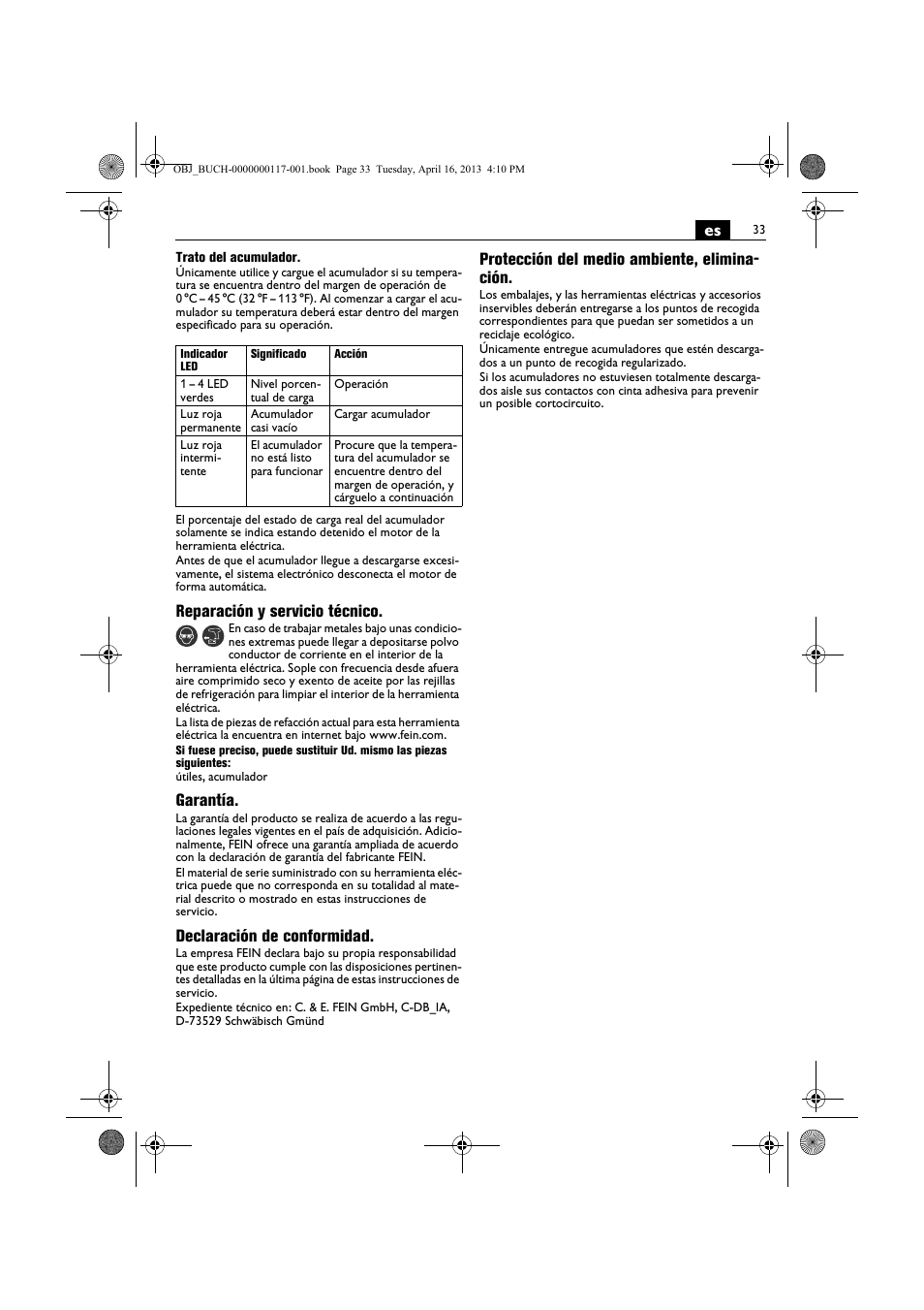 Reparación y servicio técnico, Garantía, Declaración de conformidad | Protección del medio ambiente, elimina- ción | Fein ASCD 18 W4C User Manual | Page 33 / 144