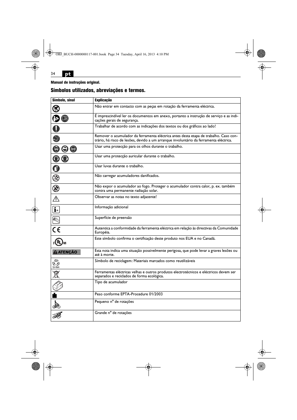 Símbolos utilizados, abreviações e termos | Fein ASCD 18 W4C User Manual | Page 34 / 144