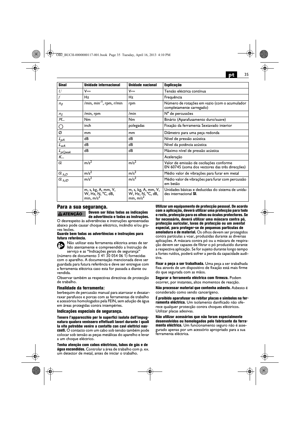 Pt para a sua segurança | Fein ASCD 18 W4C User Manual | Page 35 / 144