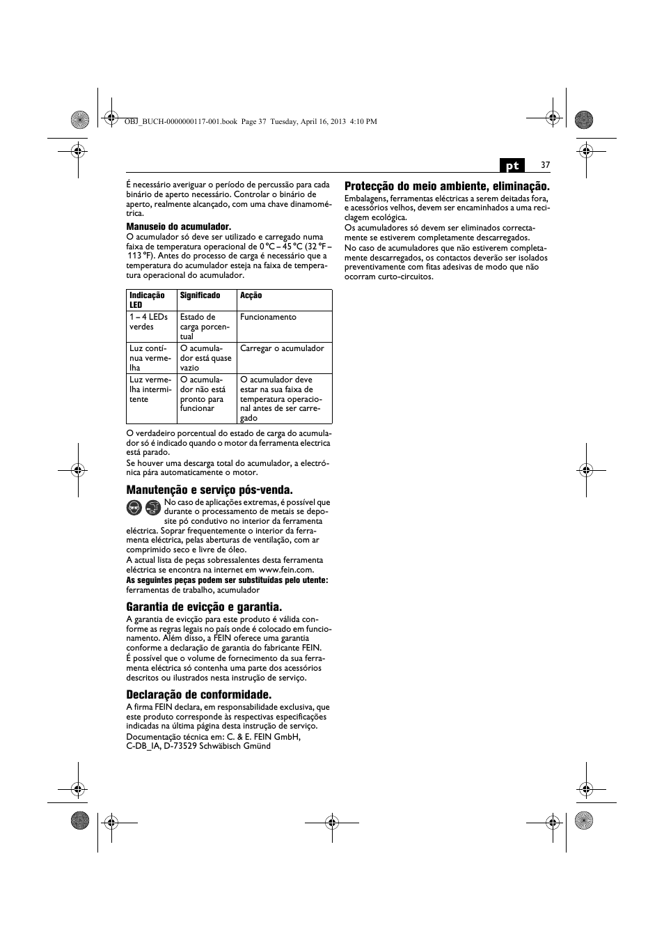 Manutenção e serviço pós-venda, Garantia de evicção e garantia, Declaração de conformidade | Protecção do meio ambiente, eliminação | Fein ASCD 18 W4C User Manual | Page 37 / 144