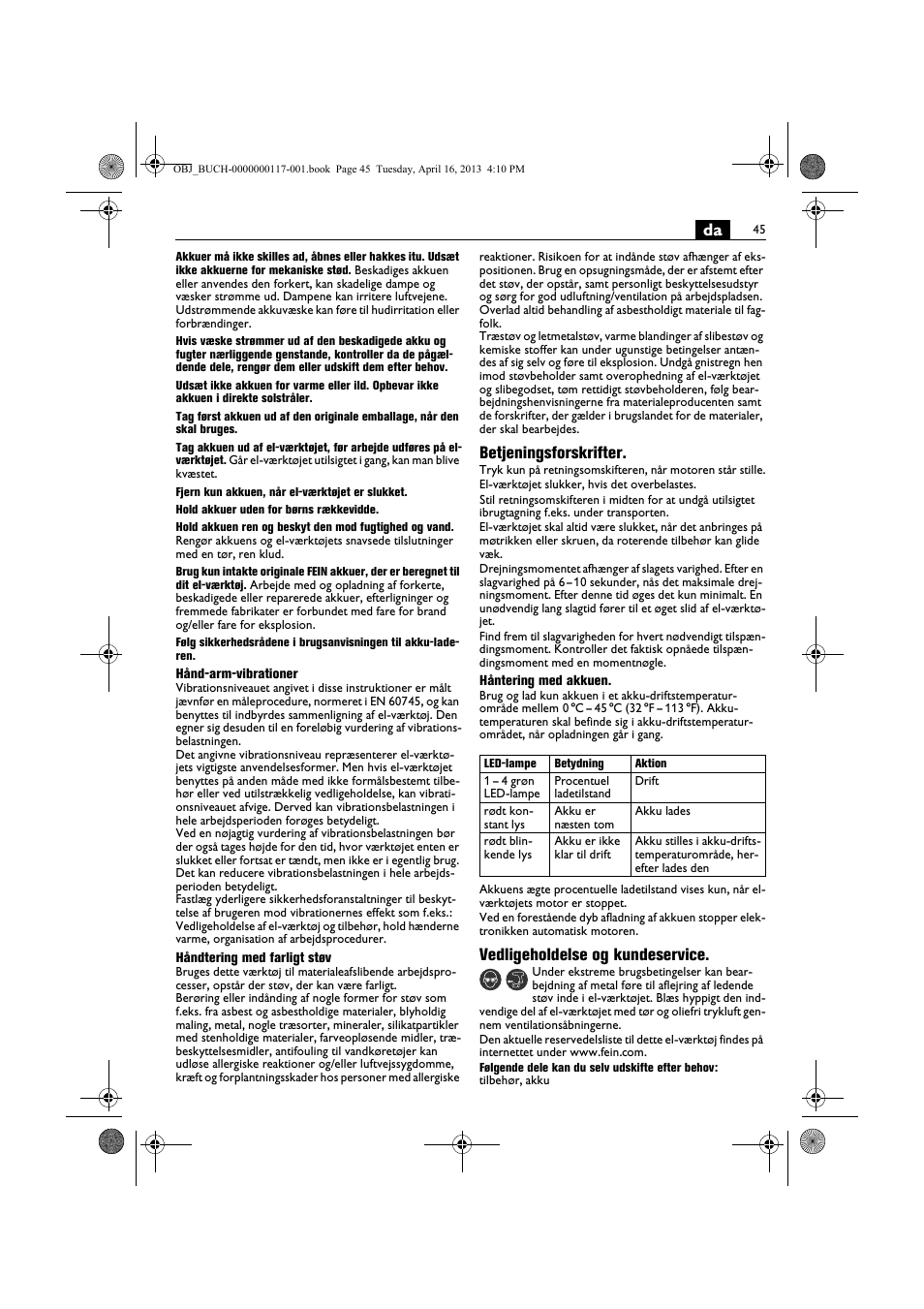 Betjeningsforskrifter, Vedligeholdelse og kundeservice | Fein ASCD 18 W4C User Manual | Page 45 / 144