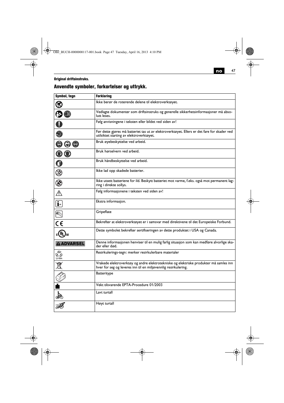 Anvendte symboler, forkortelser og uttrykk | Fein ASCD 18 W4C User Manual | Page 47 / 144