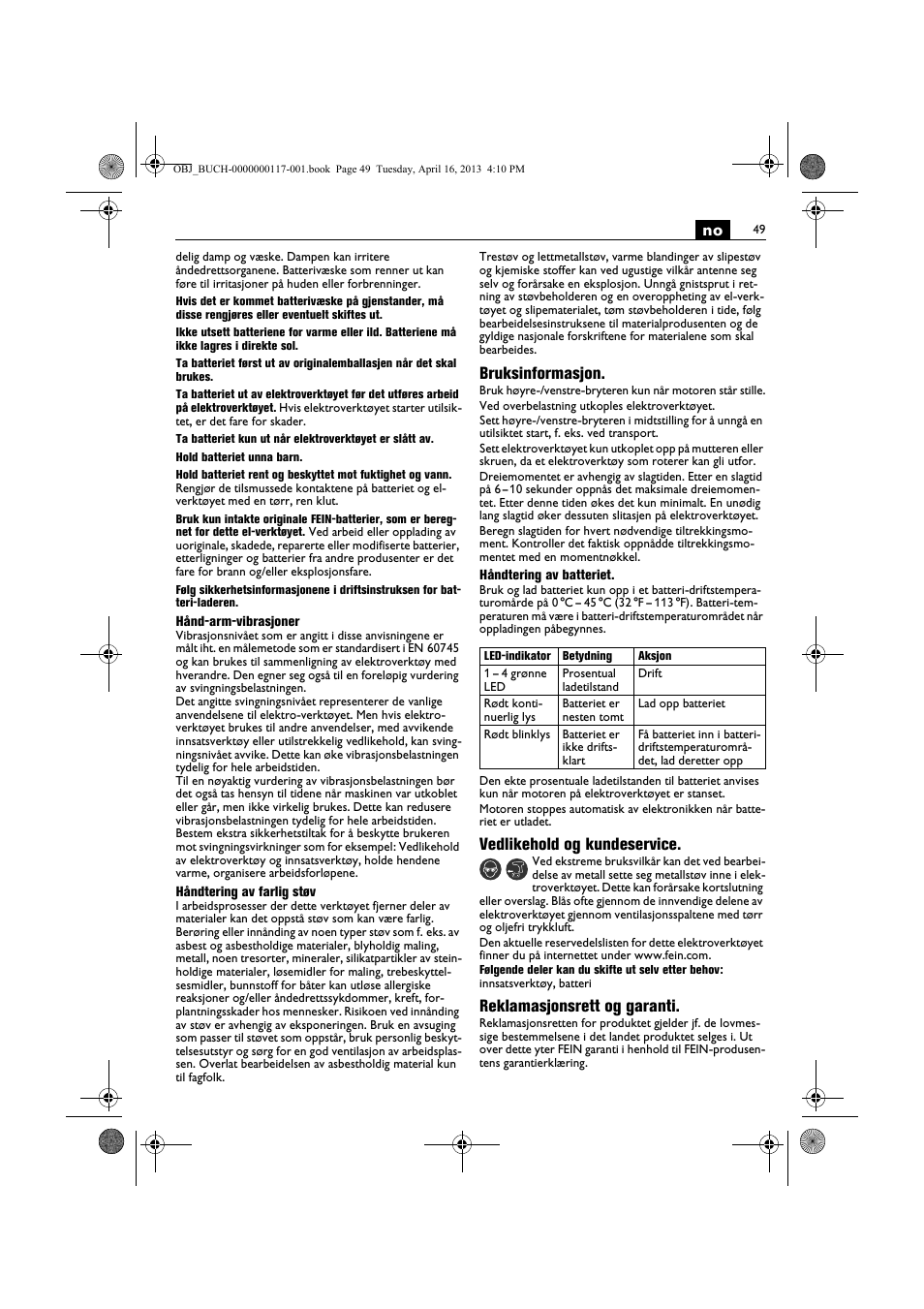 Bruksinformasjon, Vedlikehold og kundeservice, Reklamasjonsrett og garanti | Fein ASCD 18 W4C User Manual | Page 49 / 144