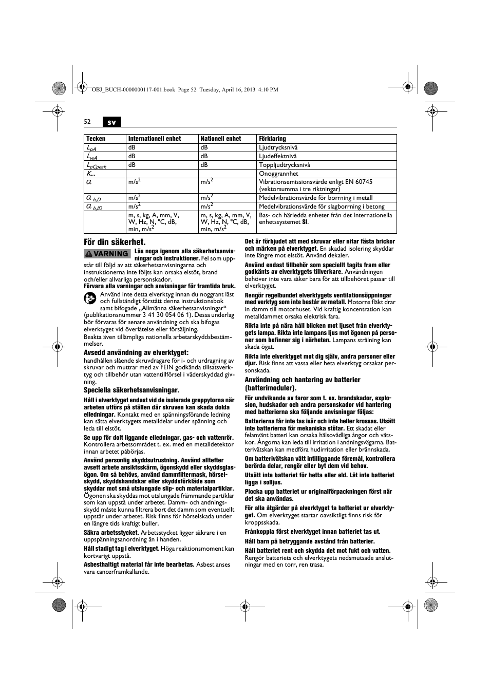 Sv för din säkerhet | Fein ASCD 18 W4C User Manual | Page 52 / 144