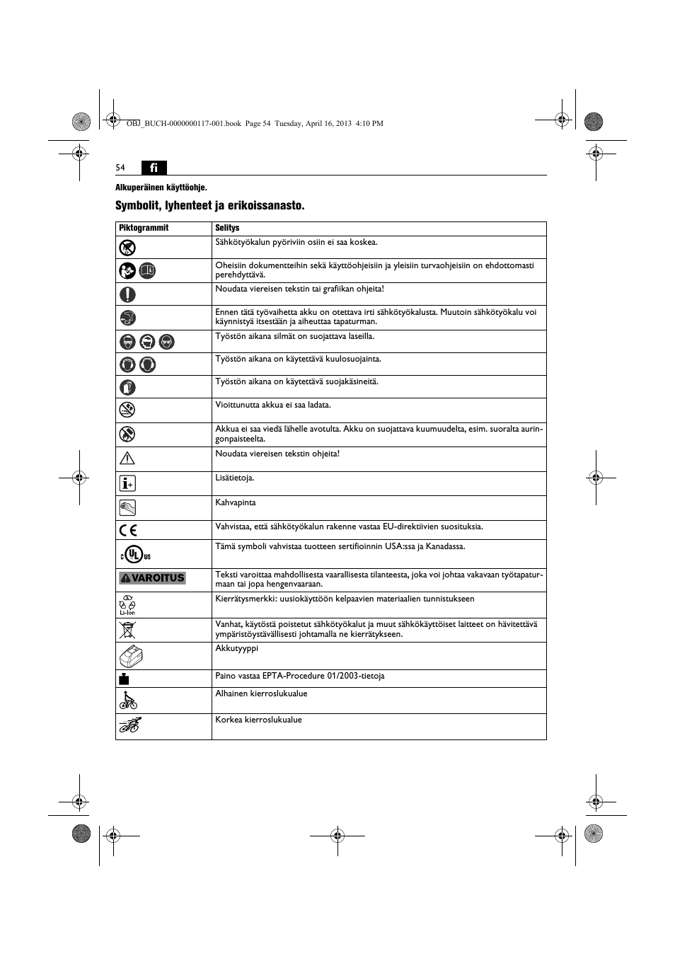 Symbolit, lyhenteet ja erikoissanasto | Fein ASCD 18 W4C User Manual | Page 54 / 144