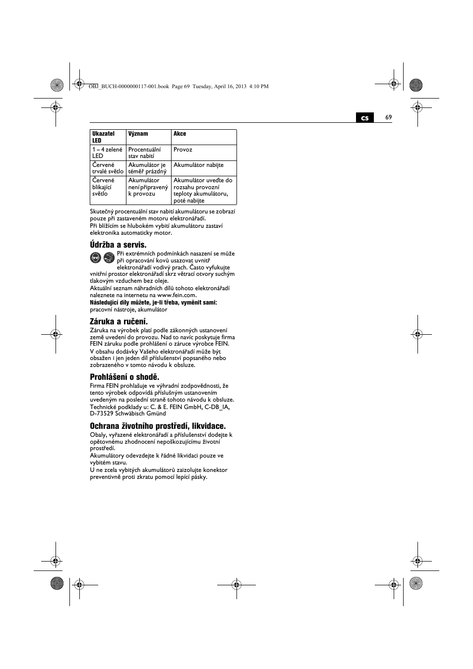 Údržba a servis, Záruka a ručení, Prohlášení o shodě | Ochrana životního prostředí, likvidace | Fein ASCD 18 W4C User Manual | Page 69 / 144