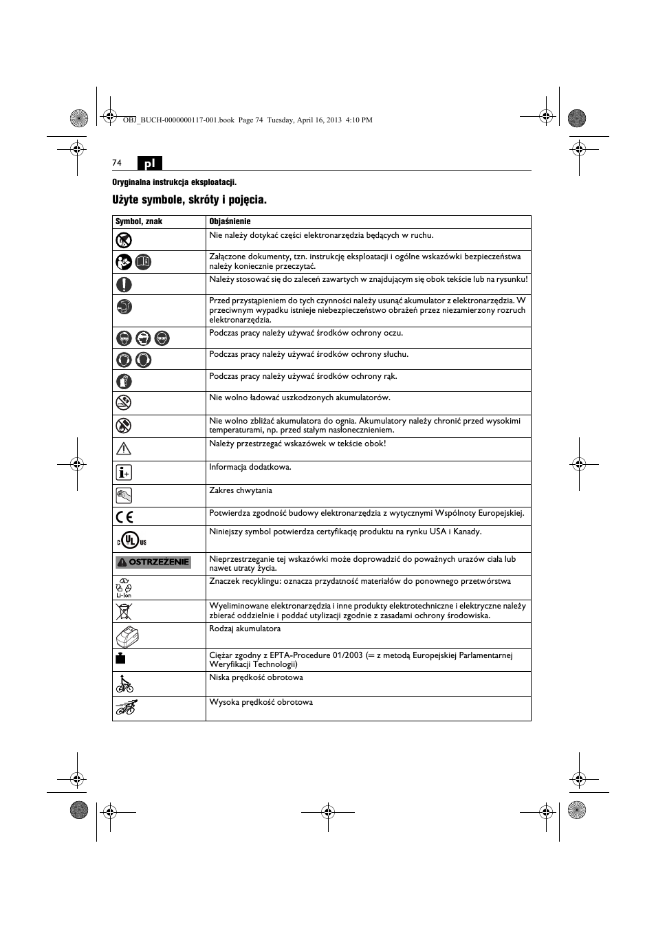 Użyte symbole, skróty i pojęcia | Fein ASCD 18 W4C User Manual | Page 74 / 144