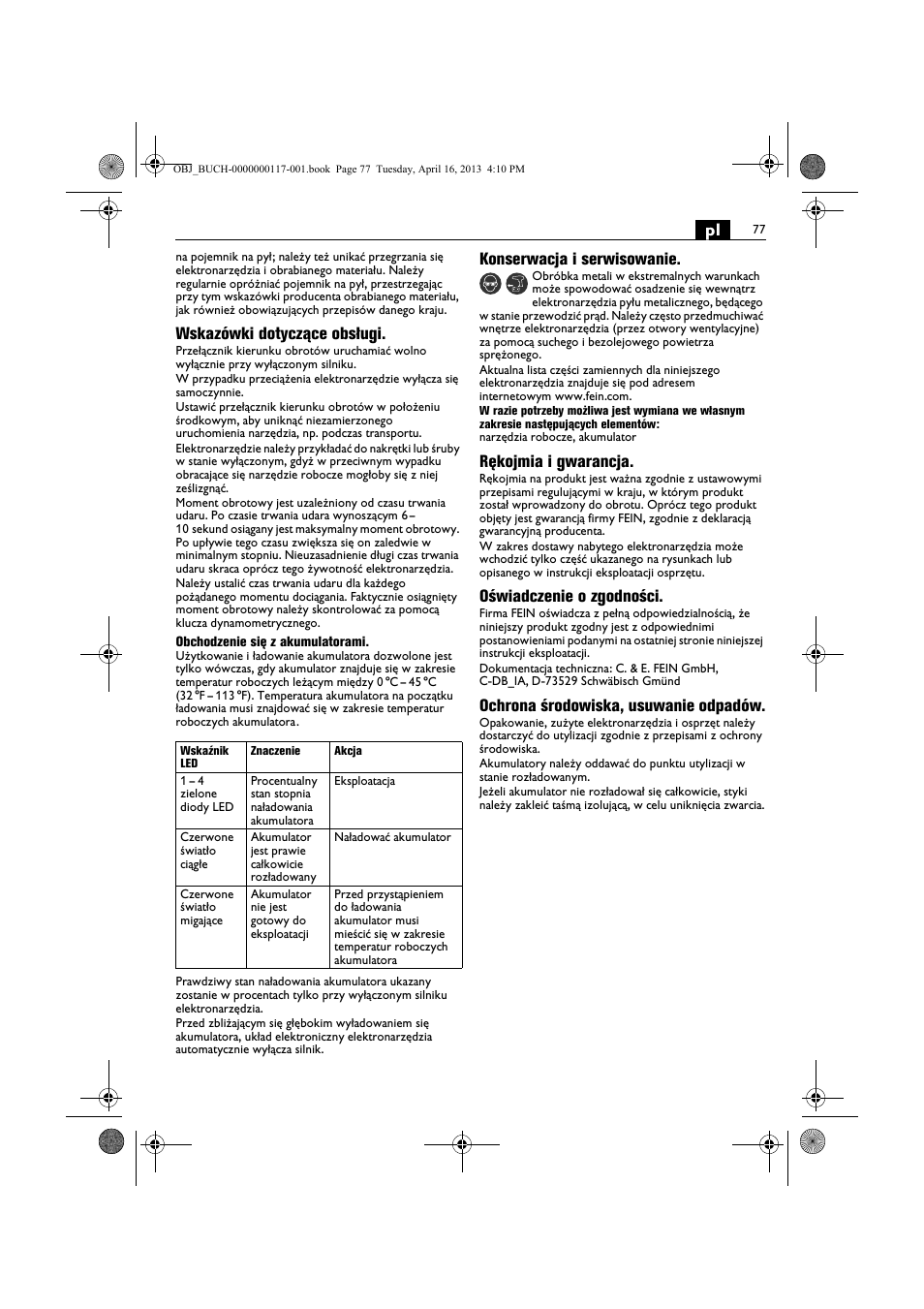 Wskazówki dotyczące obsługi, Konserwacja i serwisowanie, Rękojmia i gwarancja | Oświadczenie o zgodności, Ochrona środowiska, usuwanie odpadów | Fein ASCD 18 W4C User Manual | Page 77 / 144
