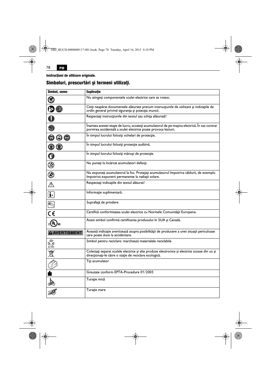 Simboluri, prescurtări şi termeni utilizaţi | Fein ASCD 18 W4C User Manual | Page 78 / 144