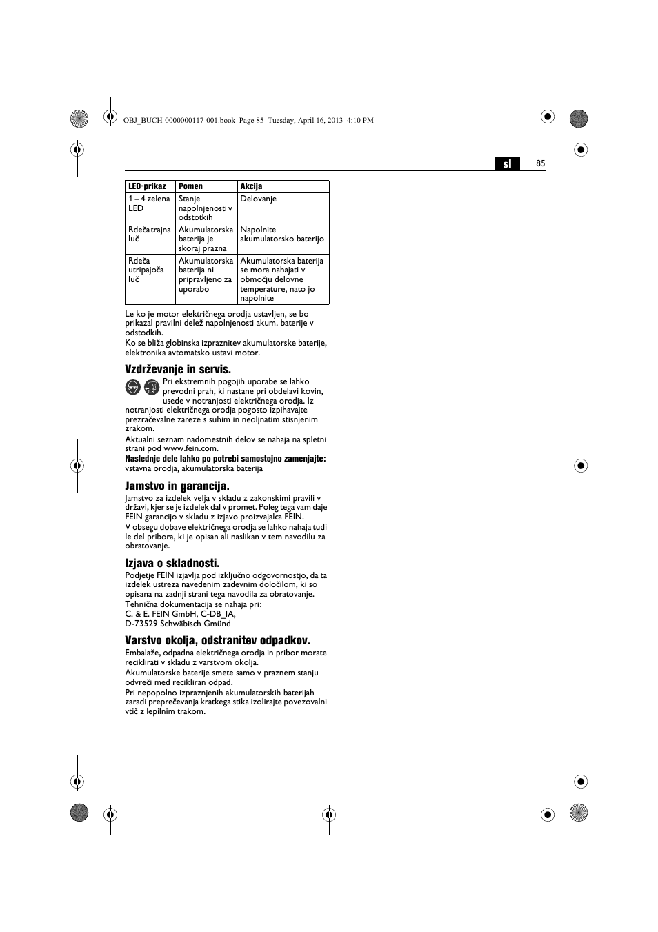 Vzdrževanje in servis, Jamstvo in garancija, Izjava o skladnosti | Varstvo okolja, odstranitev odpadkov | Fein ASCD 18 W4C User Manual | Page 85 / 144