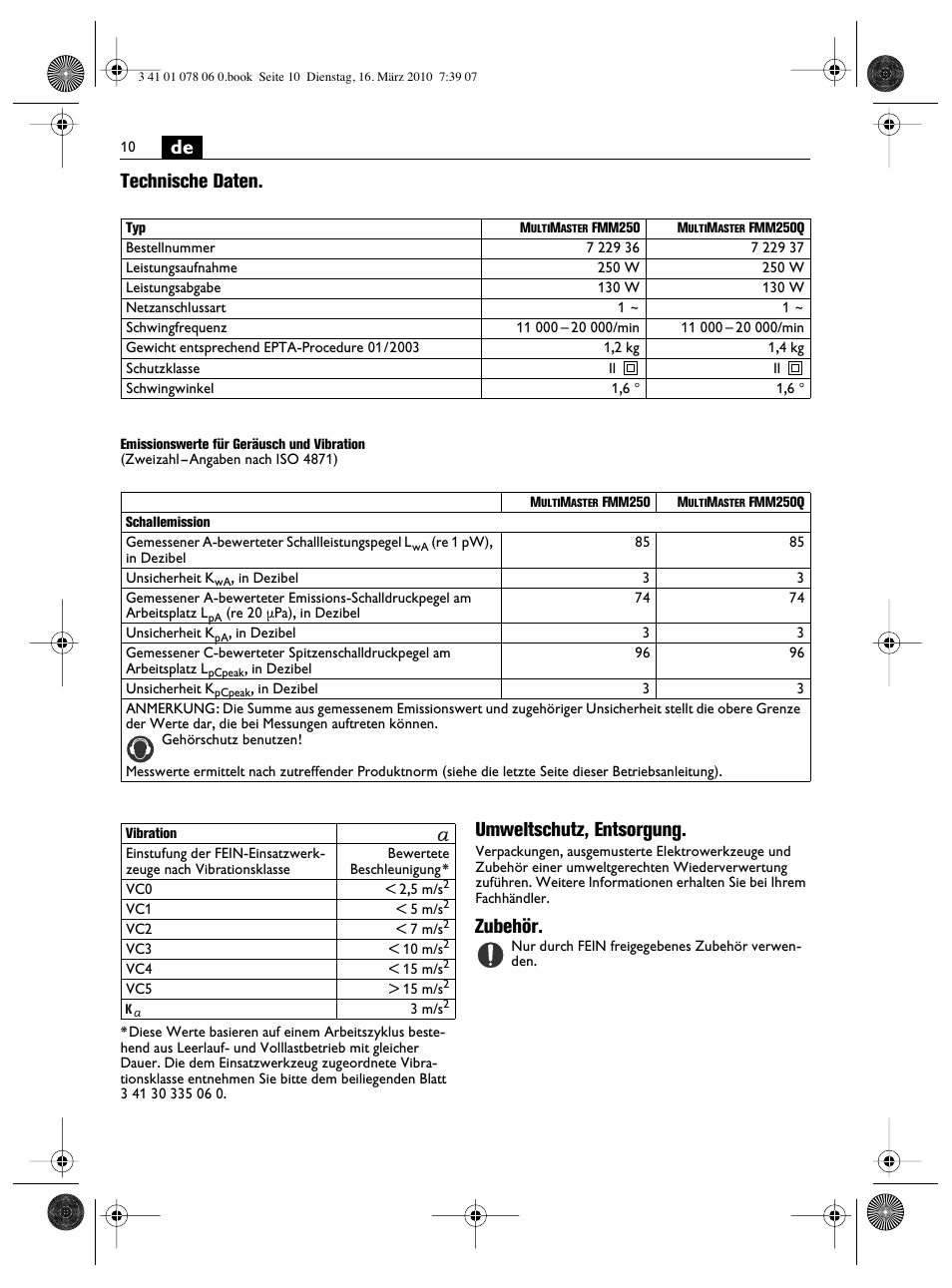De technische daten, Umweltschutz, entsorgung, Zubehör | Fein MultiMaster Marine User Manual | Page 10 / 107